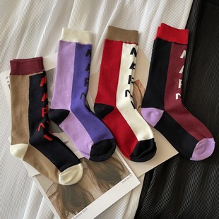 秋季 撞色大字母加厚中筒潮袜M复古女袜拼色街头ins潮欧美走秀长袜