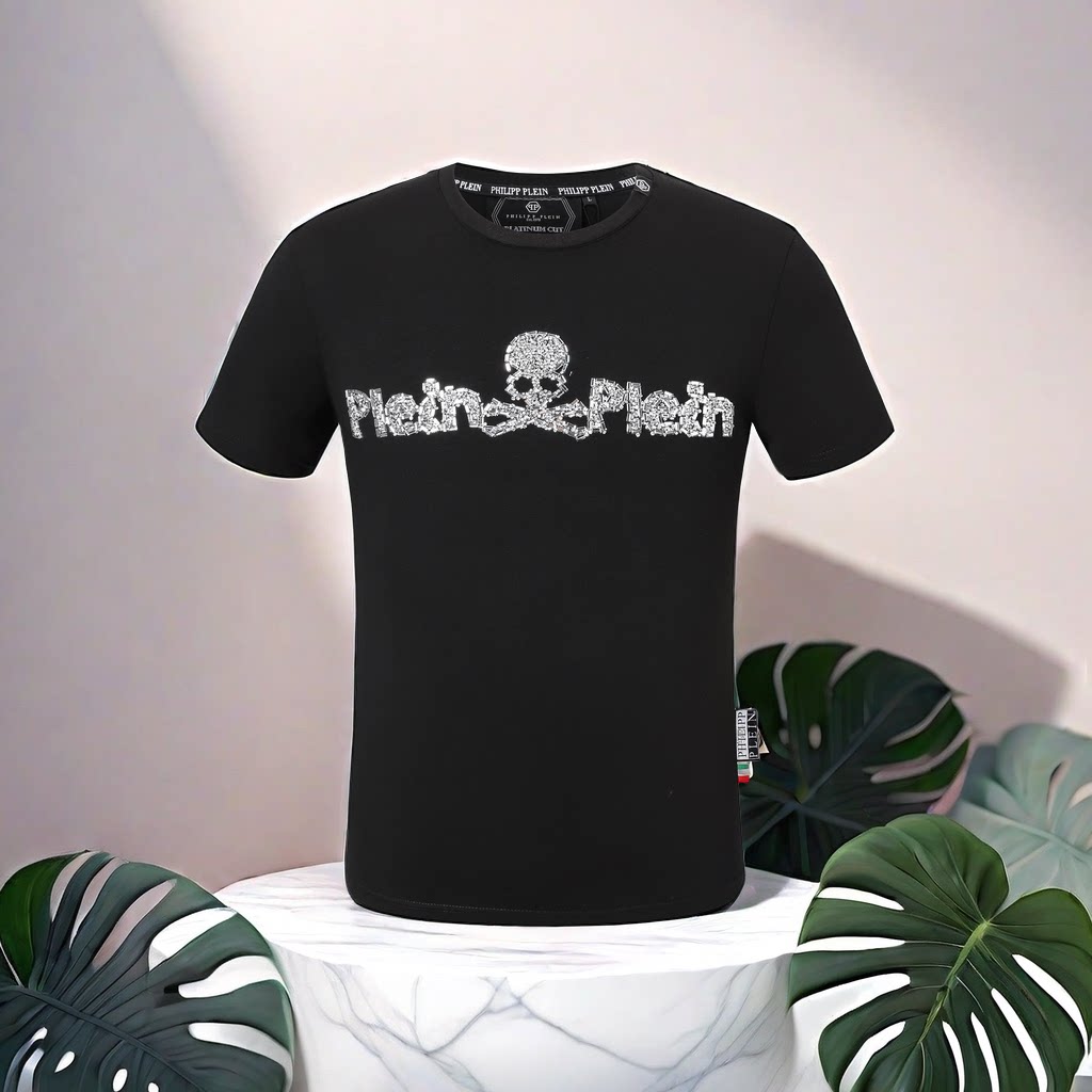 菲利普潮流修身半袖骷髅头烫钻字母qp背标休闲百搭短袖恤衫pp男装