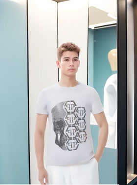 菲利普普兰T恤夏季pp男装骷髅头字母qp烫钻印花休闲修身短袖上衣