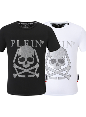 欧美潮流pp男装修身qp金属背标骷髅头字母烫钻pelin菲利普普兰T恤