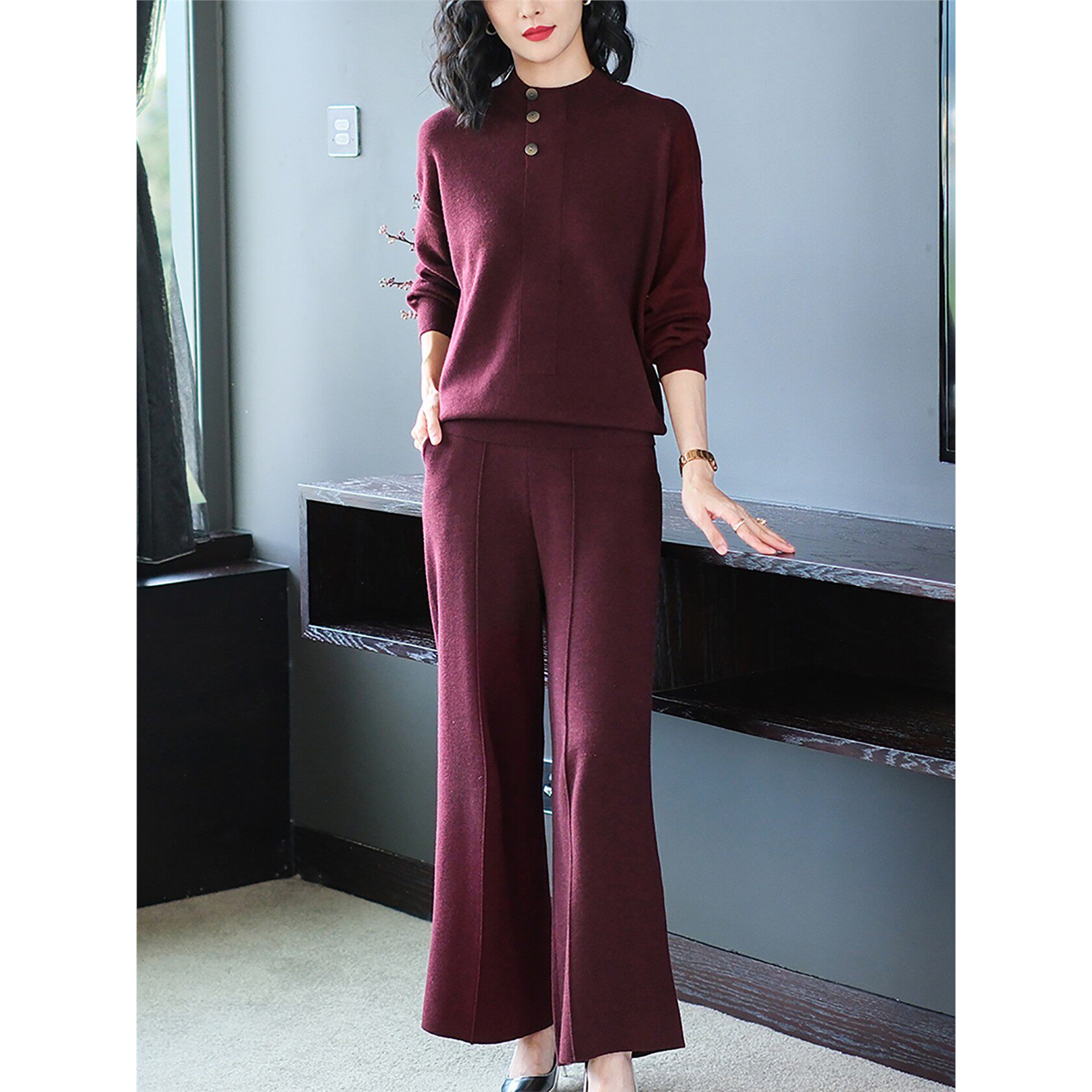 2025秋季新款设计感羊毛针织休闲阔腿裤套装女洋气减龄时髦两件套