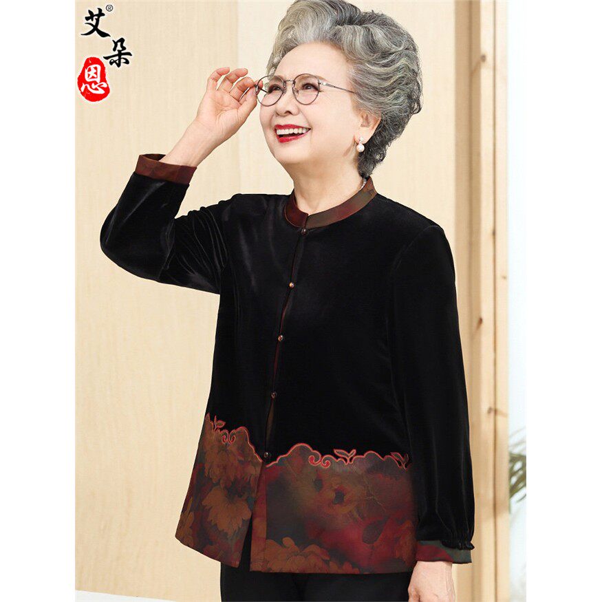 中老年人春秋装女奶奶长袖衬衫老太太金丝绒上衣妈妈唐装薄款外套