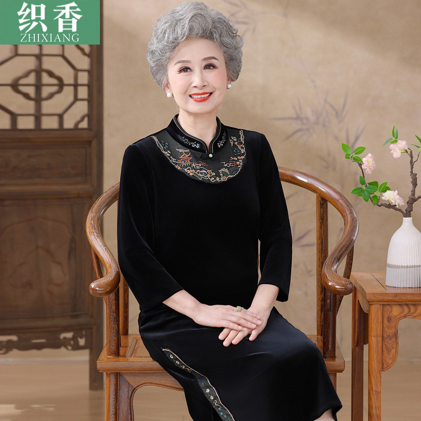 妈妈春装金丝绒洋装高贵