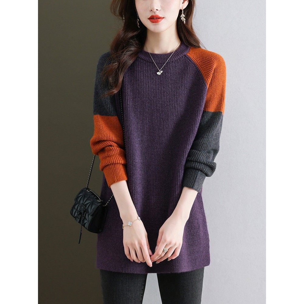 中长款毛衣女遮屁股2025新款秋冬低领针织拼色上衣宽松打底衫洋气