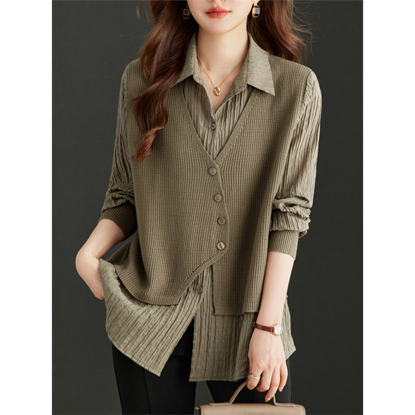 妈妈假两件衬衫2025新款女士早秋上衣咖色高级感长袖时尚洋气宽松