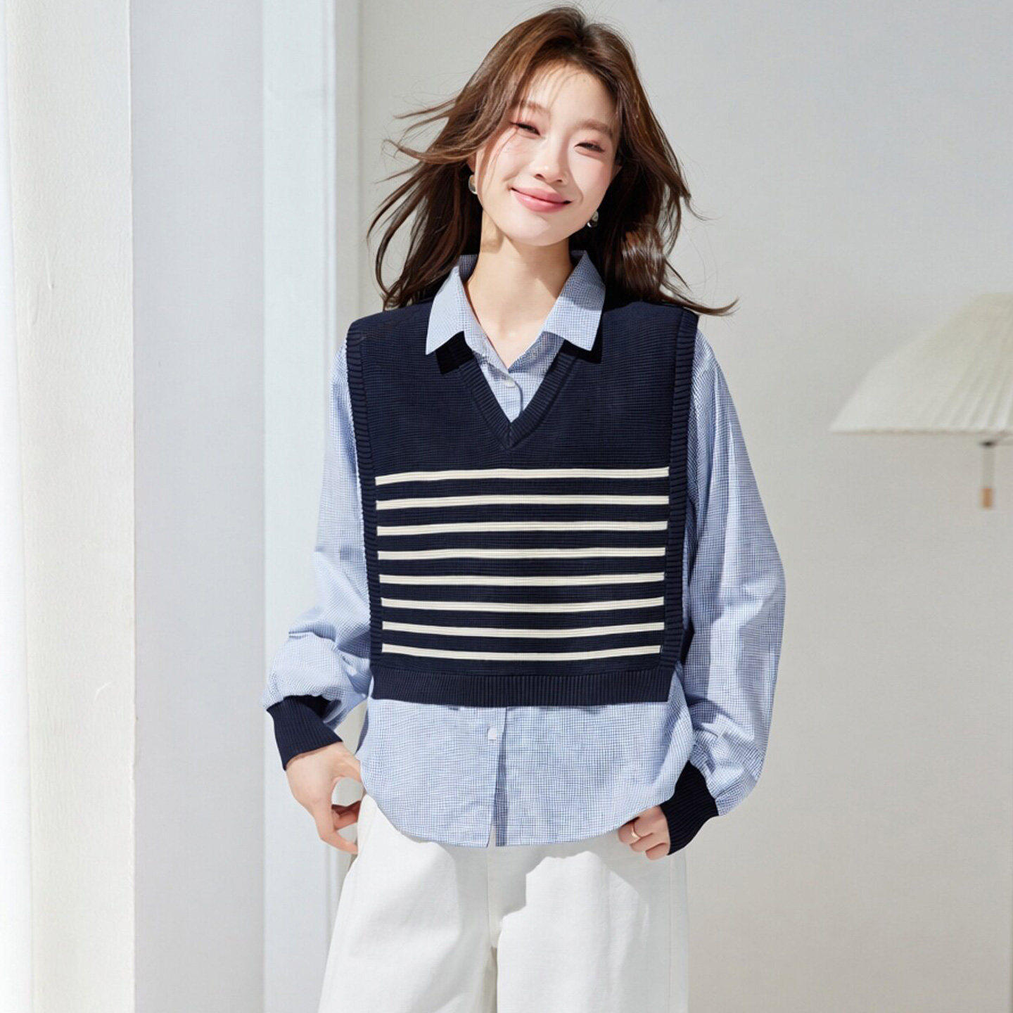 2026春秋新款小个子假两件条纹长袖衬衫女拼接针织马甲叠穿上衣