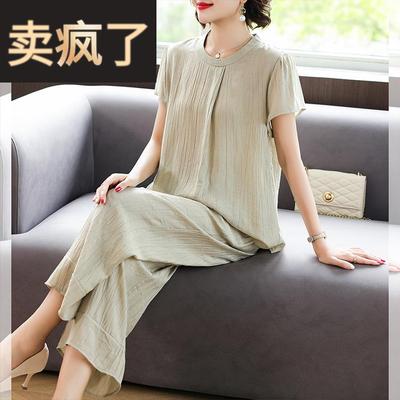 妈妈休闲短袖上衣中年女装夏装2025新款中老年夏季洋气阔腿裤套装