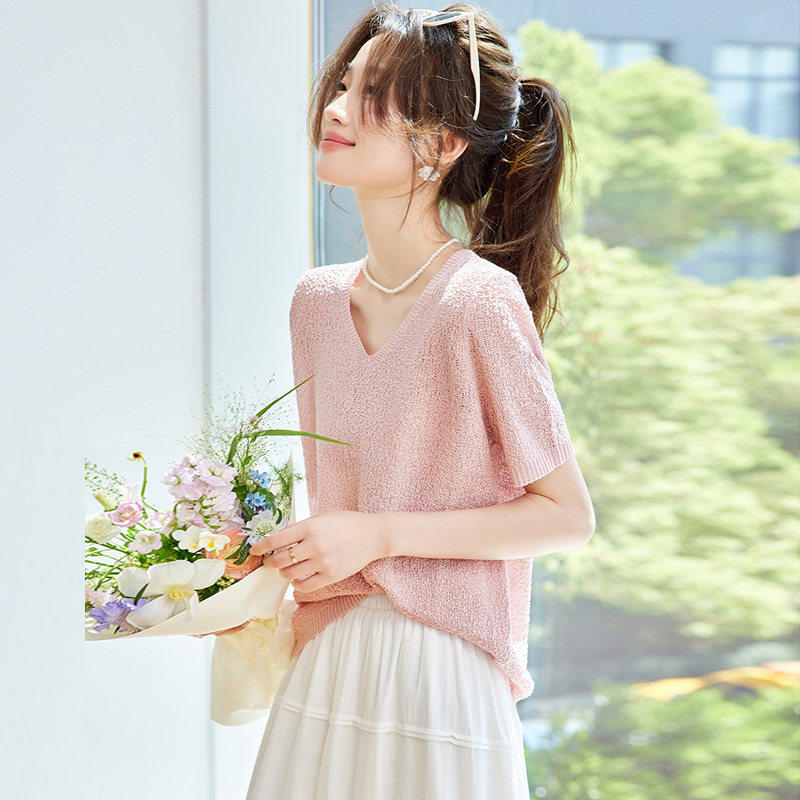 V领冰丝短袖t恤女夏季高级感宽松配裙子中袖针织衫正肩T恤上衣薄