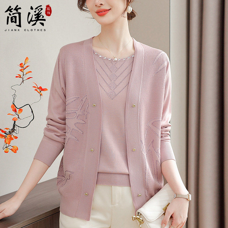 简溪女装针织上衣女装气质中老年女装春装外套时尚妈妈衣服两件套