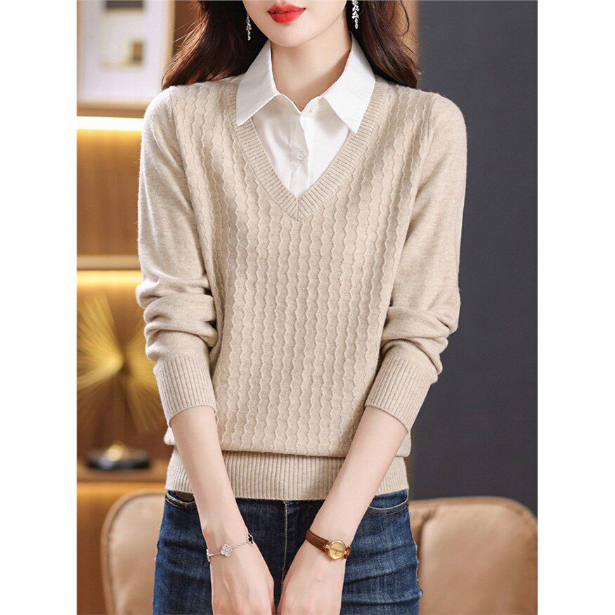 假两件针织上衣春秋时尚洋气打底衫春装2026年新款女装衬衫领毛衣