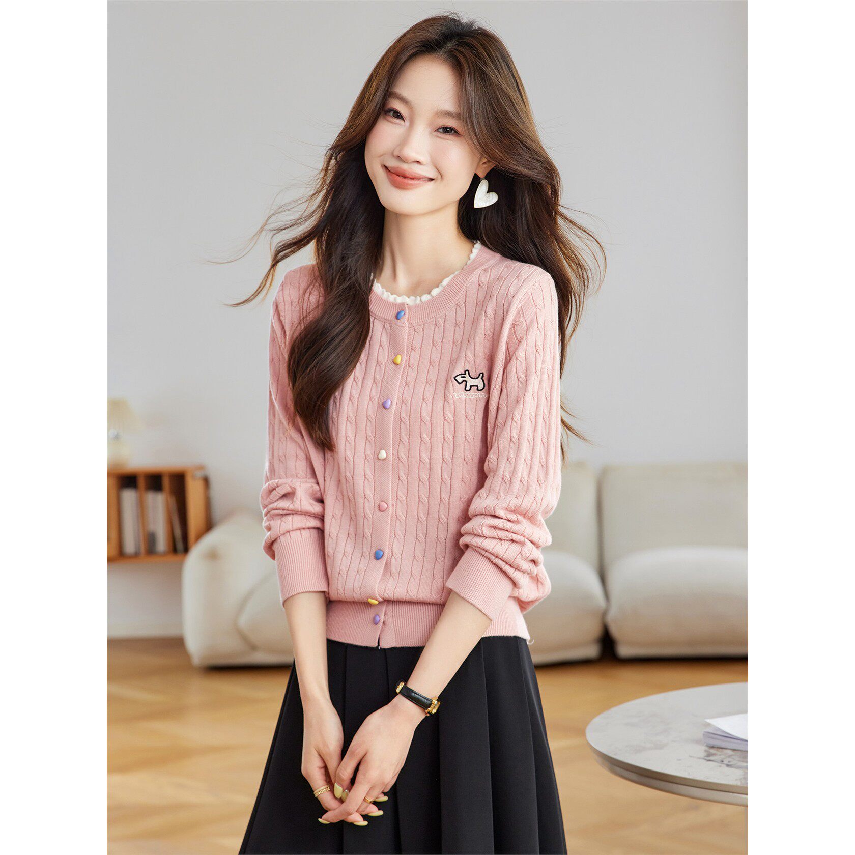 2025春秋新款圆领针织开衫女宽松拼色长袖麻花毛衣外套上衣薄早秋