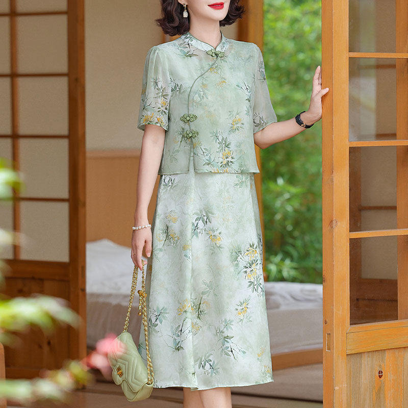 新中式国风妈妈夏装套装洋装子50多岁2025新款中年旗袍女洋派质