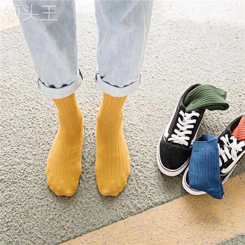春夏新潮流商务休闲男袜子纯色竖条中筒棉袜吸汗运动男士长袜领头