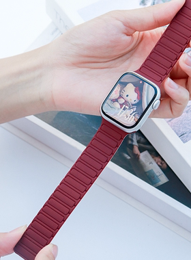 适用苹果手表S9/10表带apple watch8/7/6SE磁吸硅胶腕带iwatch5/4/3男女双色透气亲肤替换带ultra1/2表链配件