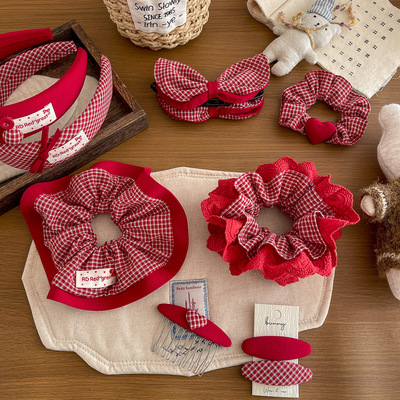 手作复古格纹红色学院水滴发夹少女儿童大肠发圈气质高级头箍发饰