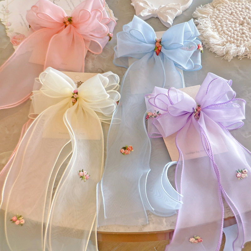 包邮手作韩版仙气刺绣蝴蝶结儿童长飘带女孩发夹学生发饰头发顶夹