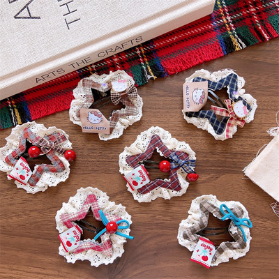 手作日韩系儿童女孩格纹五角星蕾丝发夹亲子款学生樱桃侧边夹发饰