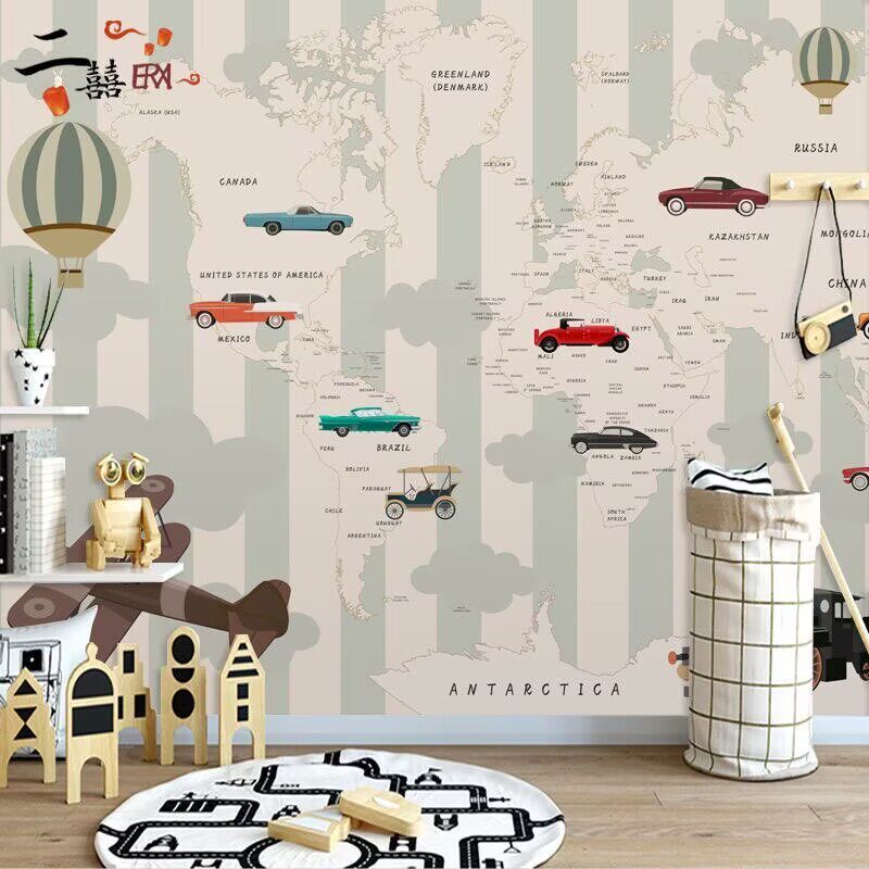 世界地图墙纸汽车北欧卡通男孩卧室复古壁纸墙布儿童房3D定制壁画