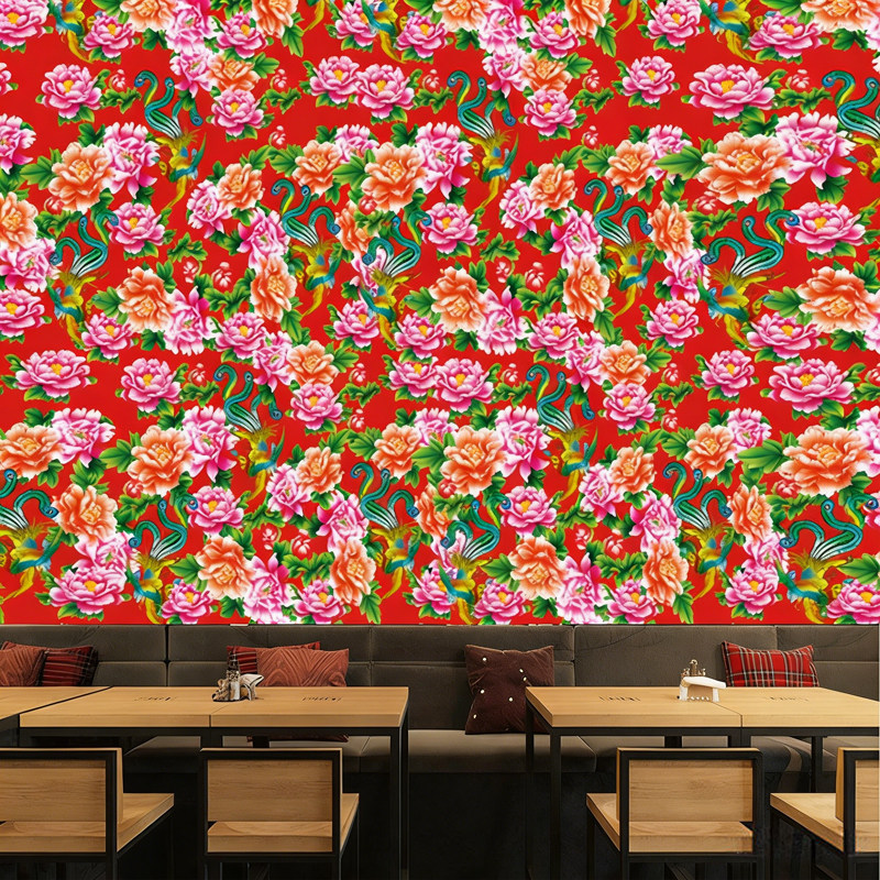 定制无缝环保墙纸壁纸东北大花布图案铁锅炖饭店餐厅背胶墙画,家装主材,定制壁画,淘宝优惠券,粉丝福利购,淘宝优惠卷