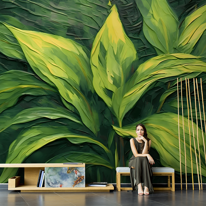 北欧艺术复古油画立体绿色植物叶子壁纸电视背景墙纸定制壁画墙布图片