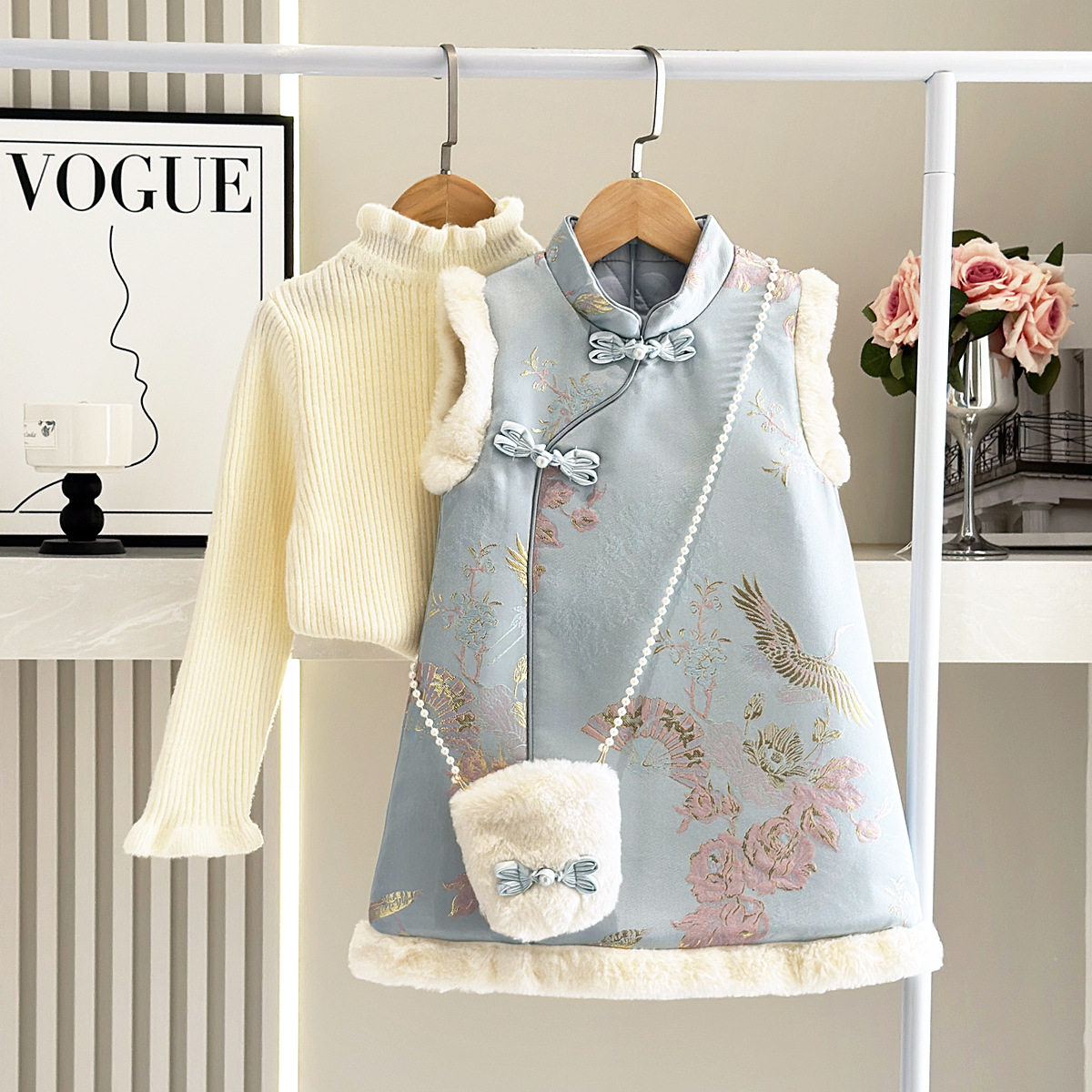 女童汉服旗袍马甲A字裙套装冬季女宝洋气夹棉唐装中国风拜年服