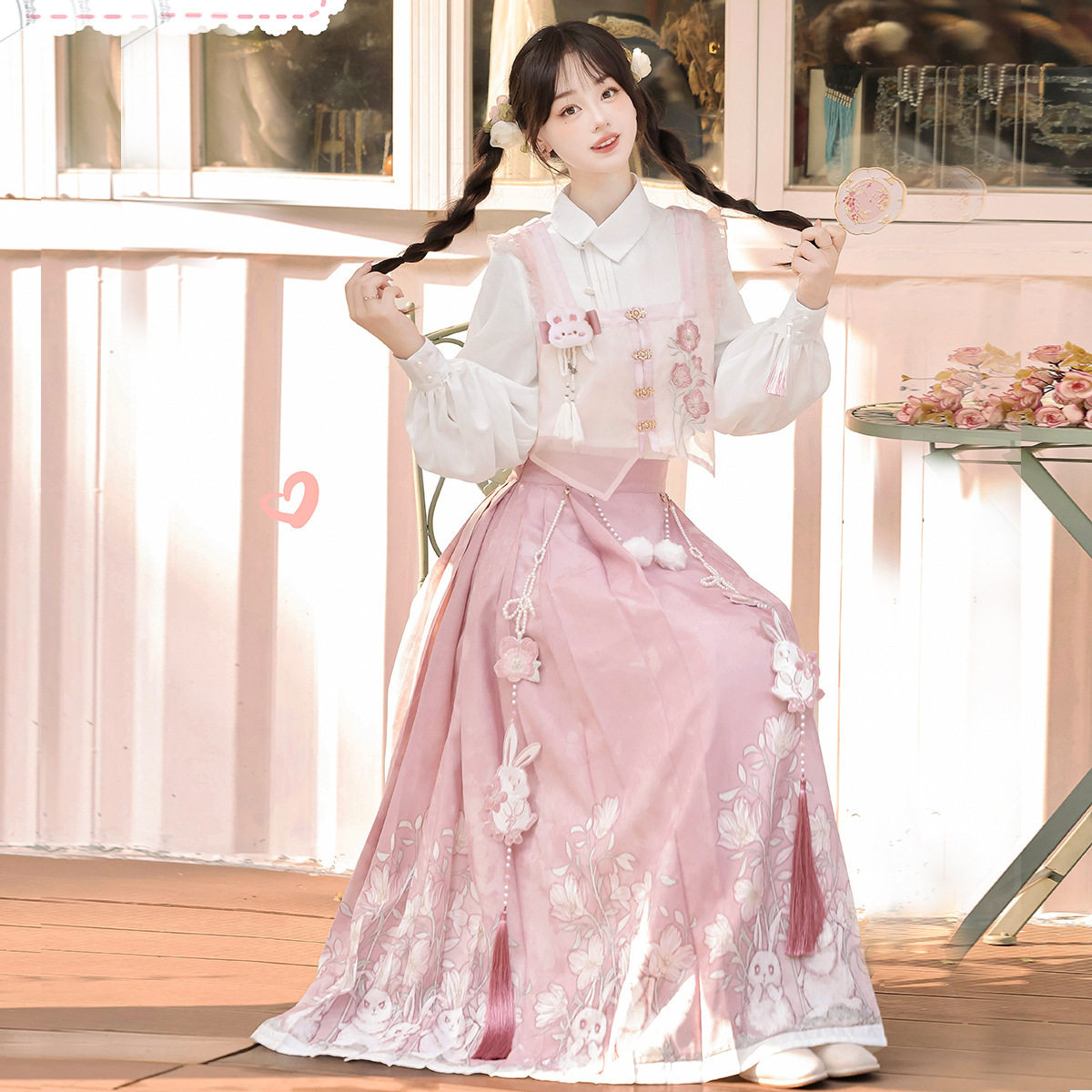 原创月见兔兔汉服女国风新中式马甲衬衣半裙套装日常汉元素马面裙