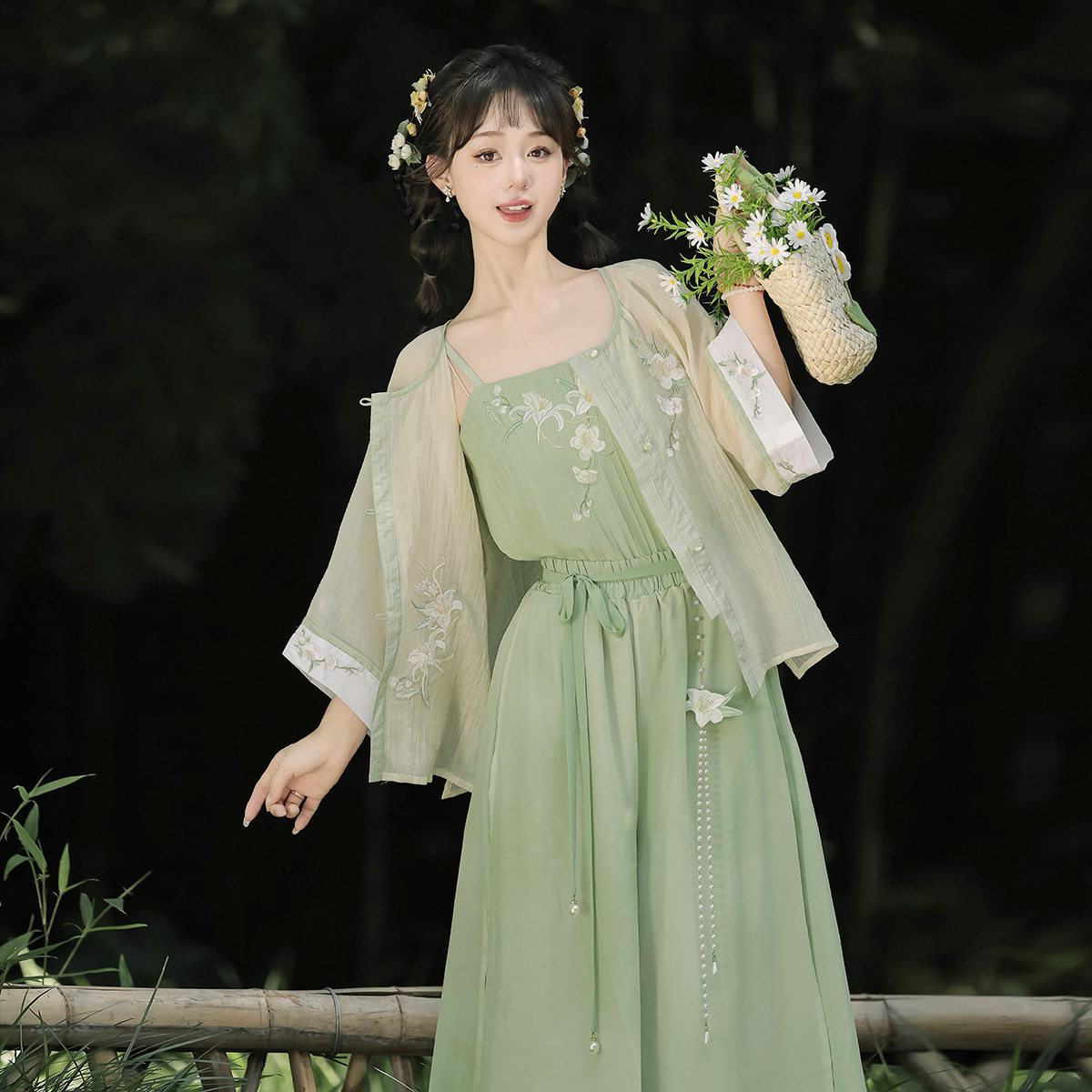 原创含露百合汉服女中国风改良汉元素上衣吊带长裤套装日常通勤