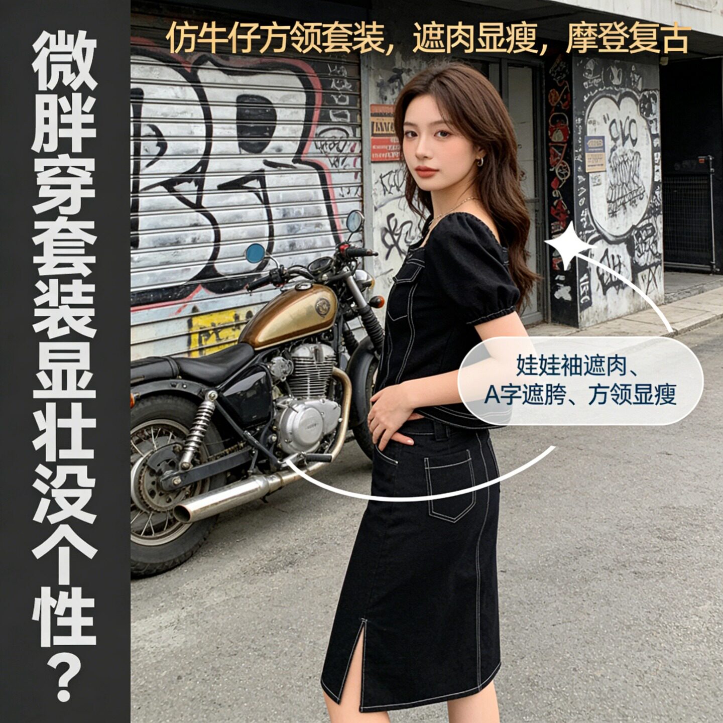 微胖独特漂亮套装胖mm法式方领压明线大码夏季新款个性懒人两件套