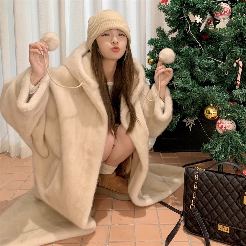 小众连帽加厚中长款仿水貂毛绒大衣皮毛一体毛茸茸环保皮草外套冬