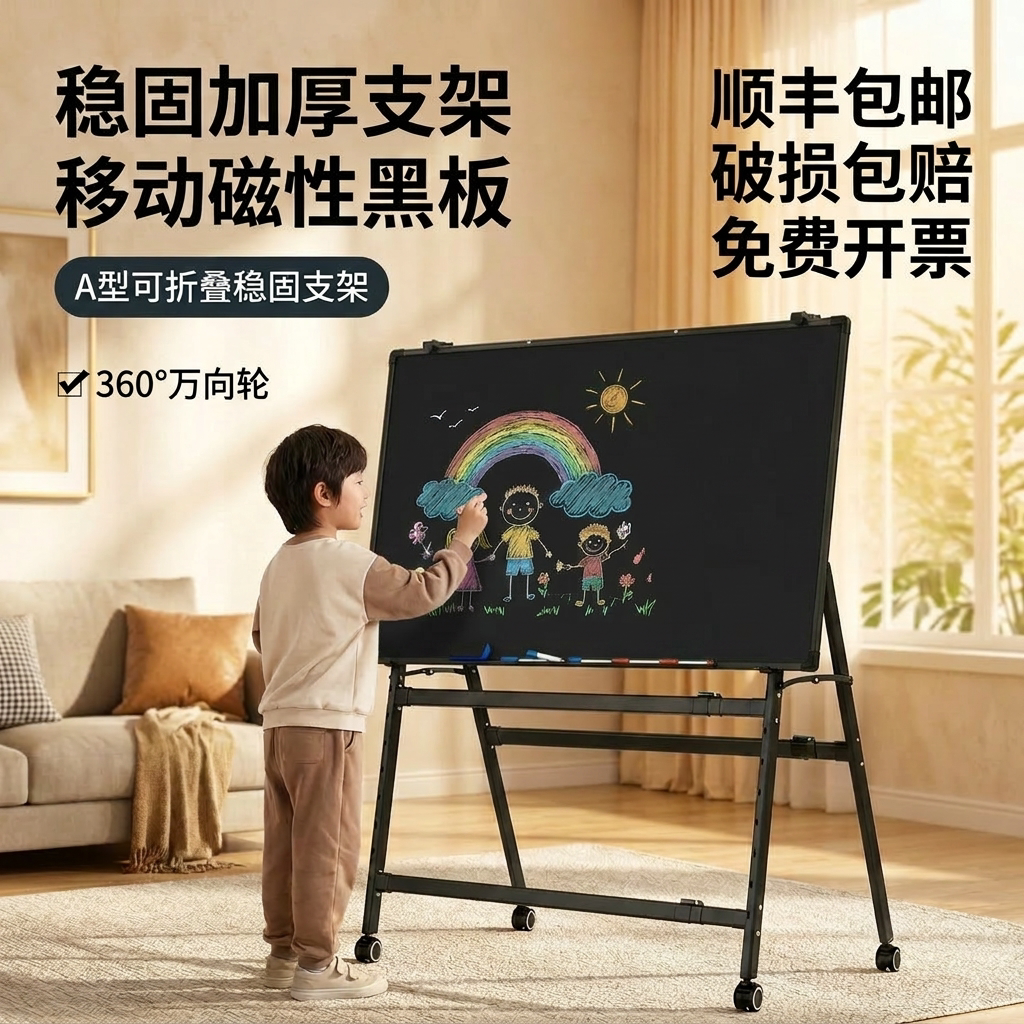 黑板可折叠白板磁性支架式写字板教学办公培训儿童家用大白板绿板可擦双面留言板移动小黑板工厂车间直播看板图片