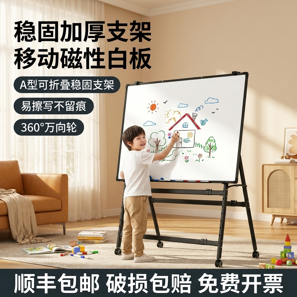 易博可折叠升降黑板可移动儿童家用教学可擦双面磁吸白绿板办公会议记事板磁性黑板白板写字板支架式带轮画板图片