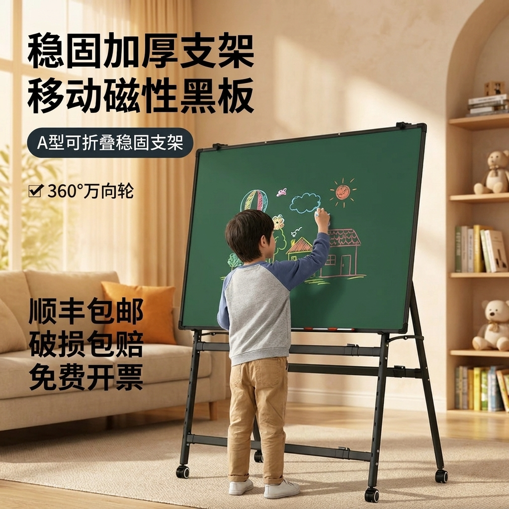 黑板写字板可移动折叠支架式白板带轮家用教学培训办公会议双面磁吸儿童小黑板移动磁性绿板小白板可擦写画板