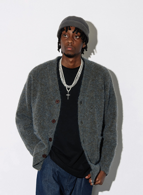 MUNDANE (MDE) 复古马海毛混纺V领针织开衫宽松垂感落肩毛衣外套