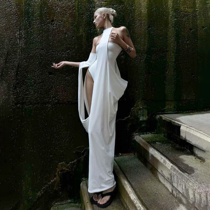 欧美2026春季新款女装性感不规则纯色抹胸连体衣挂脖连衣裙套装女
