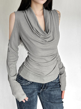 欧美风2025冬季新款女装潮流百搭修身显瘦堆堆领挖肩长袖上衣