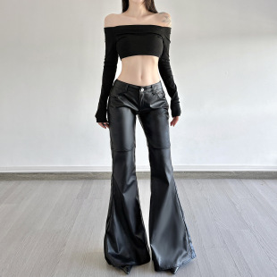 休闲拼接设计长款 2025个性 辣妹朋克风低腰露脐皮裤 高街美式