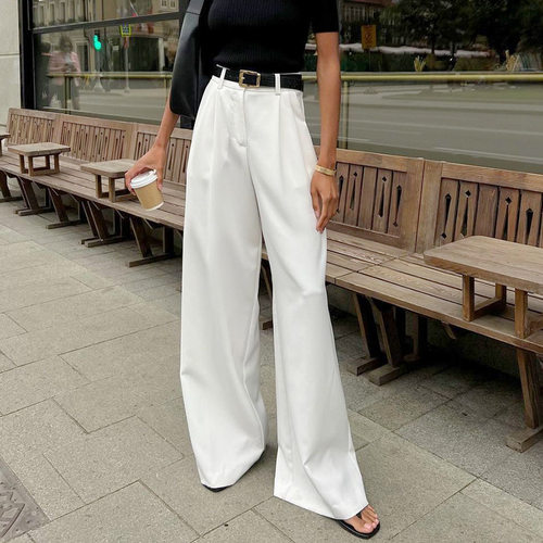 欧美新款白色高腰长裤时尚百搭简约休闲裤西裤宽松秋季女装