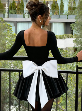 2025欧美外贸女装秋季新款气质方领黑色长袖蝴蝶结花苞短裙连衣裙