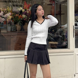 短款 V领拼色麻花毛衣学院风打底衫 休闲辣妹上衣 新款 BM风秋冬韩版