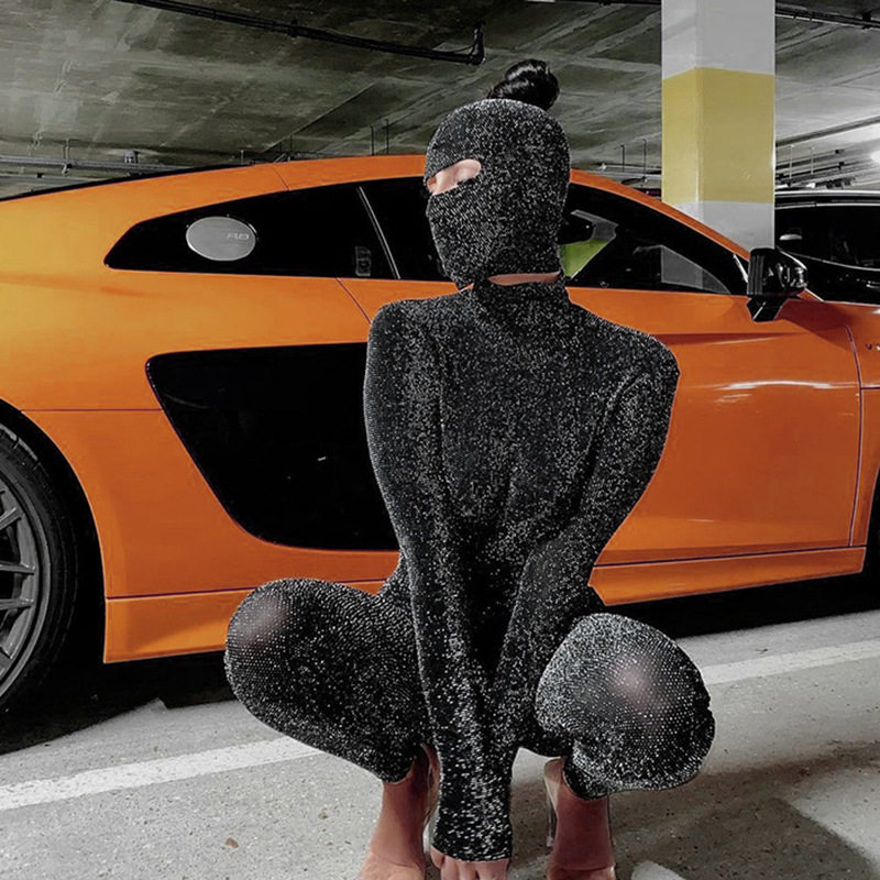 欧美风2022秋季时尚性感闪光露背高领长袖修身帽子连体裤