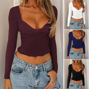 2025春夏欧美上衣女装 t恤女 y2k性感低胸扭结bm长袖
