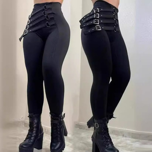 欧美女式高腰搭扣紧身裤铅笔修身时尚休闲性感打底裤长裤
