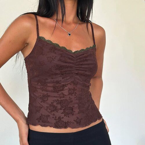 yj24658吊带蕾丝花边印花背心女辣妹夏季百搭短款性感t恤上衣