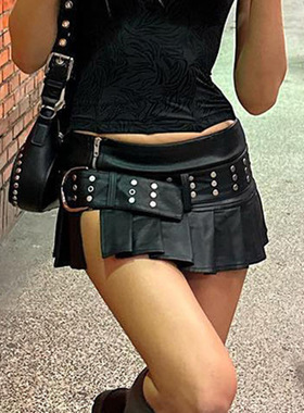 炫酷辣妹机车铆钉拉链拼接性感开叉黑色百褶小皮裙2025夏季新款女