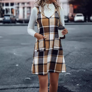 欧美春秋冬格子背带裙 口袋街头休闲女士吊带裙 时尚