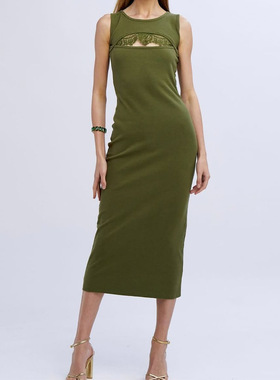 2025夏季新款女装欧美外贸无袖花边修身绿色优雅连衣裙