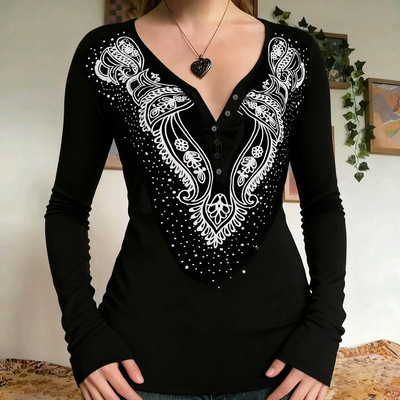 哥特暗黑风古着印花长袖上衣外贸个性v领休闲薄款辣妹女装