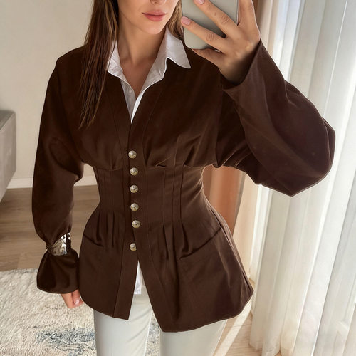 小香风欧美欧美设计感修身收腰复古压褶显瘦开衫女早秋薄外套