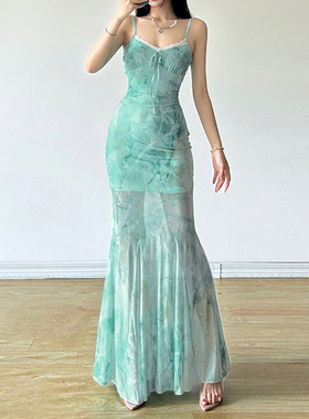 2024新款人鱼清新绿色系网纱印花吊带鱼尾长裙修身显瘦仙女裙