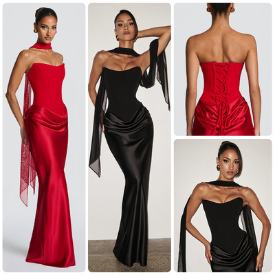 欧美高级质感厚重流光缎面半身裙抹胸性感飘带绑绳塑身上衣两件套